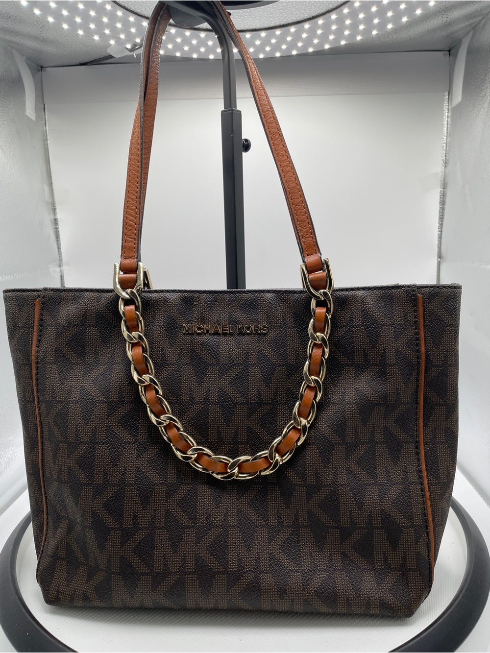 Michael Kors Harper Brown MK Logo Chain-Trim Tote with Tan Leather Straps